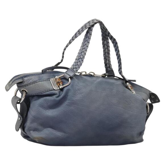 GUCCI Bamboo Tote Bag Leather Blue Silver - Picture 1 of 16